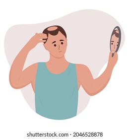 Man looking in the mirror at his baldness. Hair loss, alopecia in young age, hair problems. Vector illustration of a person with disease problems.