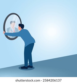 A man looking in the mirror. Illustration for fighting yourself, self-confidence and being positive.