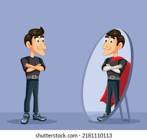 
Man Looking In The Mirror Seeing A Superhero Vector Cartoon. Strong Male Action Hero Checking Himself With Confidence
