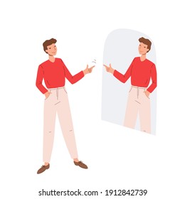Man looking in the mirror and showing hand gesture of support and understanding to his reflection. Guy expresses positive message to his mirroring. Concept of self-love and acceptance.