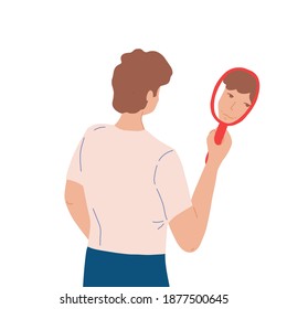 Hombre mirando en el espejo y sonriendo a su reflejo. Concepto de amor propio y aceptación. Un chico joven mira con amabilidad su espejo. Ilustración de dibujos animados planos