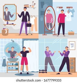 Man looking in mirror. Vector illustration set. Handsome man in gym or fitting room. Fashion glamour clothes