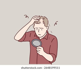 Man Looking in Mirror Worried About Hair Loss. Hand drawn style vector design illustrations.