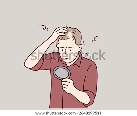 Man Looking in Mirror Worried About Hair Loss. Hand drawn style vector design illustrations.