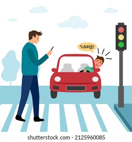 Man looking at mobile phone at crosswalk and car driver get angry in flat design. Pedestrian road accident.