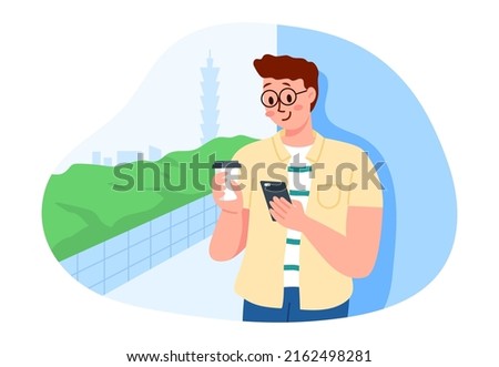 Man is looking at mobile phone and holding coffee while standing on top floor during work break