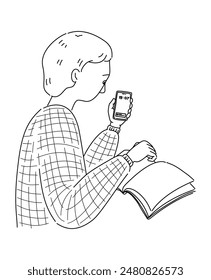 A man looking at mobile phone while reading book in unconcentrate concept.