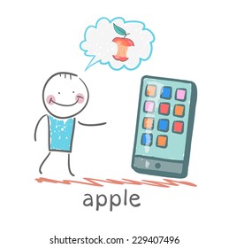 man looking at mobile and thinks the apple