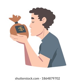 Man Looking at Money Bag with Adoration, Wealthy Person, Millionaire Character, Financial Success, Profit, Income Concept Cartoon Style Vector Illustration