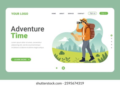 Man looking up the mountain. Mountains and hills in the background. Banner, website, landing page, poster template with place for your text