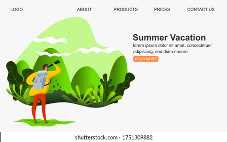 man looking to the mountain peaks. Mountains, trees and hills on background. Banner, site, poster template with place for your text.