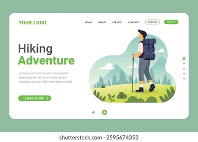 Man looking to the mountain peaks. Mountains, trees and hills on background. Banner, site, poster template with place for your text. Landing Page template