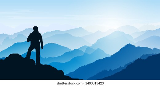 Man looking at the mountains. Mountain  landscape. Morning in the mountains. Tourism, sport and travelling. Vector  design