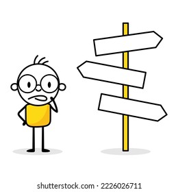 Man looking at multiple road sign and making decision where to go next. Business decision making, decide the right way to success or choosing options, career path concept. Vector illustration