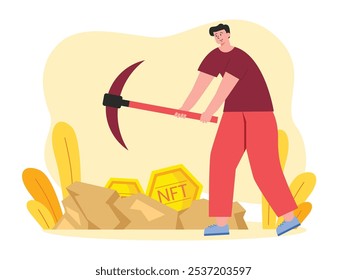 Man is looking for nft coins by breaking stones. Character design. Vector flat illustration