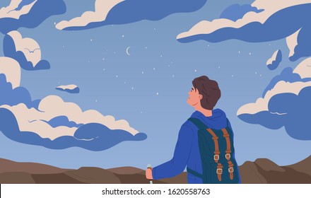 Man looking at night starry sky flat vector illustration. Self discovery, opportunity observation metaphor. Inspiration and imagination concept. Backpacker traveling cartoon composition.