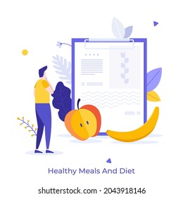 Man looking at nutrition plan written on tablet. Concept of dietary food, healthy meals for weight management or loss, low-calorie diet. Modern flat colorful vector illustration for poster, banner.