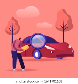 Man Looking on Car through Magnifying Glass, Consumer Choosing Auto for Buying. Transport Gasoline Service for Drivers, Petrol Economy, Vehicle Purchase Concept. Cartoon Flat Vector Illustration