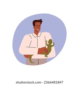 Man is looking on green guana. Cartoon chameleon lizard crawls along the owner's hand. Vector illustration of pet reptile animal. Human exotic home rare crawling mammal