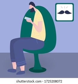 Man looking on his telephone sitting on a chair in his room. Simple vector illustration. Cute colorful character in trendy cartoon flat style sending message. Paint with mustache on the wall