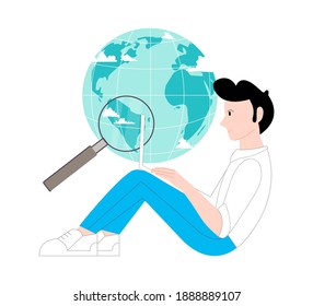 Man looking on the map through laptop vector illustration cartoon flat design modern style 