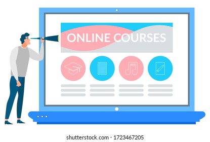 Man looking on site with online courses. Website for education and business. Person standing near laptop with spyglass, researching and investigating concept. Vector illustration