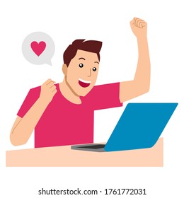 Man looking for online date on the internet. Man dating online and getting a virtual love message. Vector flat illustration