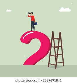 Man looking opportunity, carrier find, ask question with stairs and stand on question mark, business success vision or searching for new job, looking for goal concept flat vector illustration