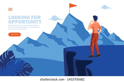 man looking for opportunity concept, man looking at flag on far mountain concept vector illustration