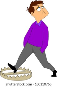 Man looking the other way while stepping on bear trap