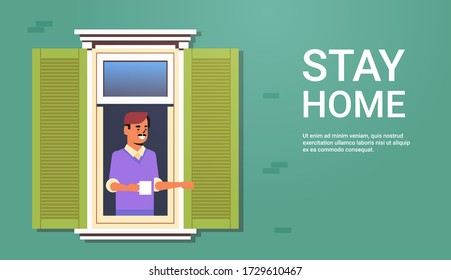 man looking out of apartment stay home self-isolation coronavirus pandemic quarantine concept house facade with window portrait copy space vector illustration
