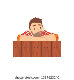 Man Looking Out from Behind Wall Cartoon Vector Illustration