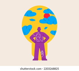 Man looking out, light bulb hole as a door shaped. Colorful vector illustration
