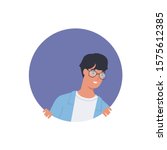 Man looking out of round frame. young man in circle window. Vector illustration in a flat style