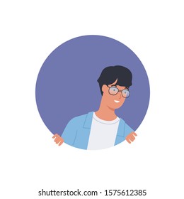Man looking out of round frame. young man in circle window. Vector illustration in a flat style