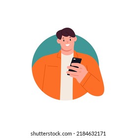 Man looking out of round frame. young man in circle window. Vector illustration 
