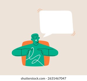 Man looking out of square window with speech bubbles. Colorful vector illustration 
