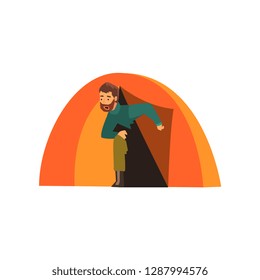 Man looking out of tent, outdoor adventures, travel, camping, backpacking trip or expedition vector Illustration