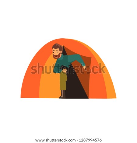 Man looking out of tent, outdoor adventures, travel, camping, backpacking trip or expedition vector Illustration