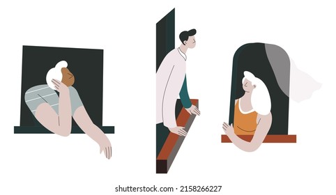 Man looking out of window, pensive people waiting for someone. Thoughtful male and female characters, lonely or sad characters thinking indoors. Being at home or starying in office. Vector in flat 