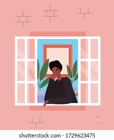Mann, der aus dem Fenster aus rosa Haus Design, bleiben zu Hause Thema Vektor Illustration.