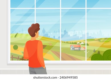 Man looking out window at summer countryside landscape and city on horizon. Young male character standing alone and thinking, boy enjoying calm and peaceful view at home cartoon vector illustration