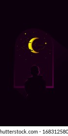 The man looking outside of windows at night vector illustration