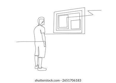 Homem olhando pinturas em um museu. Visitando museus conceito desenho de uma linha