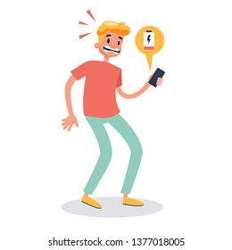 Man looking in panic at the phone with low battery. Lack of energy. Vector illustration in cartoon style