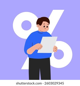 man looking at paper documents, paying bills. Financial problems and bankruptcy . High cost of lending. High increasing rate, interest price. Debt burden risk. rising mortgage interest rates