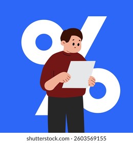 man looking at paper documents, paying bills. Financial problems and bankruptcy . High cost of lending. High increasing rate, interest price. Debt burden risk. rising mortgage interest rates