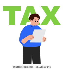 man looking at paper documents, payment for taxes.Tax preparation. The corporate tax, taxable income, document preparation. Financial problems. payment planning