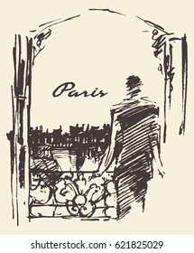 Man looking to the Paris skyline through the window, vector illustration, sketch