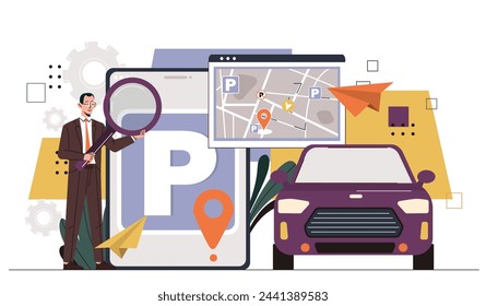 Man looking for parking. Young guy with magnifying glass near automobile. Businessman with parking lot. Navigation and geolocation. Cartoon flat vector illustration isolated on white background